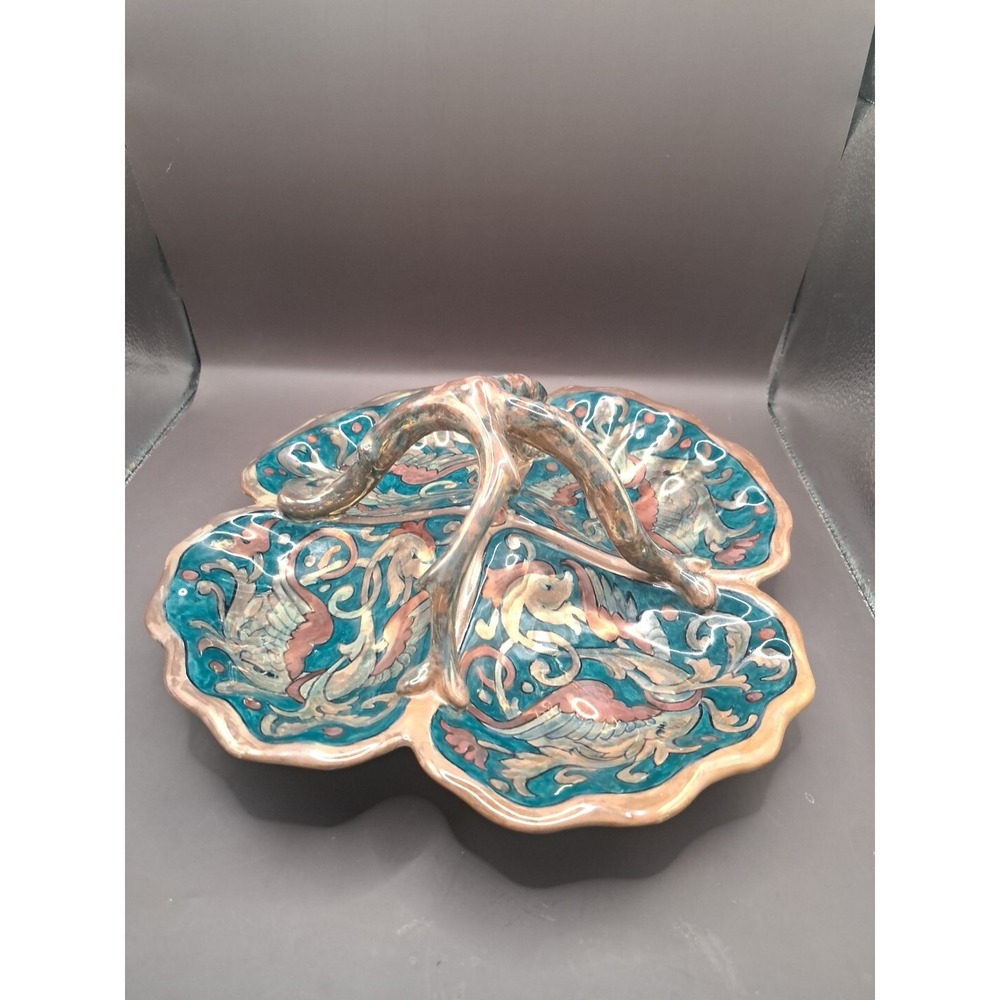 Vintage Multicolor AR Italian 4 Dragons Lusterware Divided Handled Relish Dish